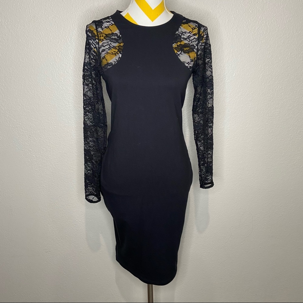 Black Lace Bodycon Dress Long Sleeve M Medium